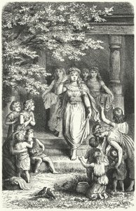 Unge tyske kvinder bærer kranse for at fejre festivalen Eostre (Ostara) (gravering) af German School