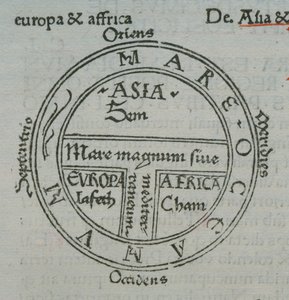 f.177v T-in-O kort, med bogtryk stednavne, fra Isidore af Sevilla, Liber Etimologiarvm
