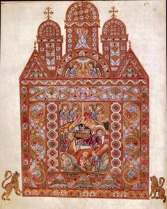 Nativite Miniature af Codex of Egbert (Codex Egberti) af skolen i Reichenau. 980 ca. Cividale del Friuli, Arkæologisk Museum eller Cathedrale de Cividale af German School