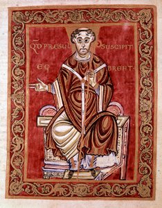 Eveque Egbert de Treves modtager psalteren fra munken Rudprechts hænder (ikke repræsenteret her) - Miniature af Codex of Egbert (Codex Egberti) af skolen i Reichenau, 980 - Cividale del friuli, museo archeologico eller Cathedrale de Civid af German School