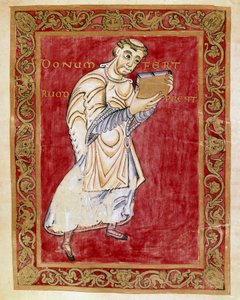 Munken Ruodprecht tager manuskriptet til buen Egbert de Treves (977-993) Miniature af Codex of Egbert (Codex Egberti) af skolen i Reichenau. Cividale del Friuli, Museo Archeologico eller Cathedrale de Cividale af German School