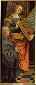 Sankt Cecilia af Rom (3. århundrede) (Saint Cecilia). Bærende et orgel, med en munk knælende i bøn ved sine fødder. Maleri af Gerolamo Giovenone (1490-1555), tempera på træ, efter 1530. Italiensk kunst (Milano)
