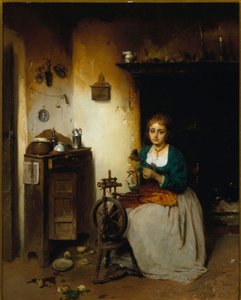 Ung kvinde spinder uld, hendes udtryk er trist og hendes indre elendigt. Maleri af Gerolamo (Girolamo) Induno (1825-1890) Dim. 65x52 cm Genes Nervi, Galleria d