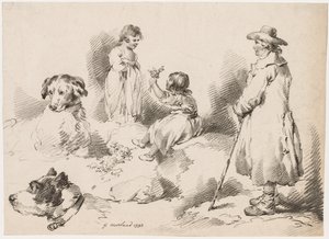Studier af børn, to små piger, to hunde, en mand, 1793. af Gerrard Street J. Harris Soho
