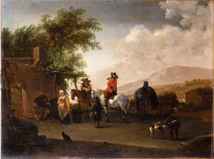 Rejsende på hesteryg tager en forfriskning på et bjergpas i et italiensk landskab af Gerrit Adriaensz Berckheyde