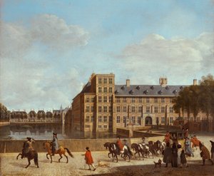 Udsigt over Hofvijver og Buitenhof i Haag, Holland (olie på lærred) af Gerrit Adriaensz Berckheyde