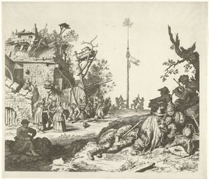Hvilende romafamilie foran en forfalden kro af Gerrit Adriaensz. de Heer