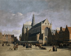 Udsigt over Grote Markt og Grote Kerk eller St.-Bavokerk-kirken i Haarlem