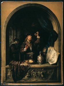 En læge undersøger en urinprøve fra en ældre kvinde. af Gerrit Dou