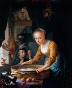 Pige hakker løg af Gerrit Dou