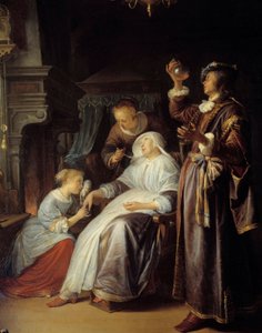 Den hydropiske kvinde. En læge undersøger urinen fra en kvinde med vatter. Detalje. Maleri af Gerard Dou (1613-1675)