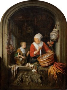 Kvinde sælger sild og pige i et vindue af Gerrit Dou