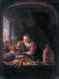 Ung kvinde hælder vand op af en kande af Gerrit Dou