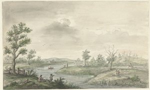 Landskab med snoede flod og lystfiskere af Gerrit Grasdorp (possibly)