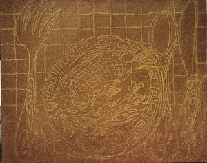 Visdiner (Stilleben med fisketallerken). 2010 (sand og akryl på lærred) af Gerrit Greve