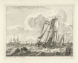 Sejlskibe og en robåd på åbent vand Havlandskaber med skibe (serietitel)