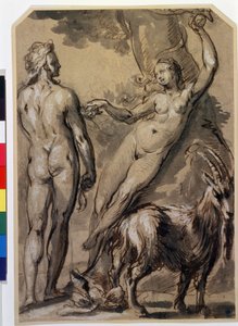 ""Adam og Eva"" Eva plukker den forbudte frugt og rækker den til Adam. Pentegning af Gerrit Pietersz (1566-cirka 1616) Slutningen af ​​1590
