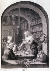 Landsbykøbmand vejer med vægt. sd. 1700-tallet af Gerrit or Gerard (after) Dou