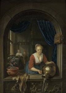 Tjenestepige ved vinduet, ca. 1660 (olie på panel) af Gerrit or Gerard Dou
