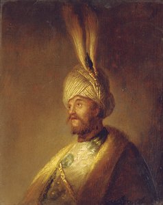 Portræt af en mand, bustelængde, i en turban med en fjer af Gerrit Dou