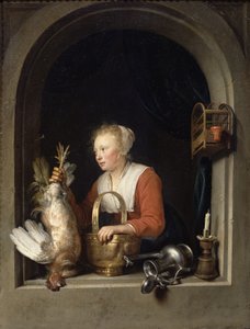 Den hollandske husmor eller kvinden, der hænger en hane i vinduet, 1650