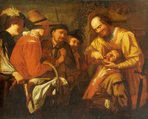 En kvaksalver tandlæge trækker en tand ud, mens en gruppe tilskuere ser i nærheden af Gerrit van Honthorst