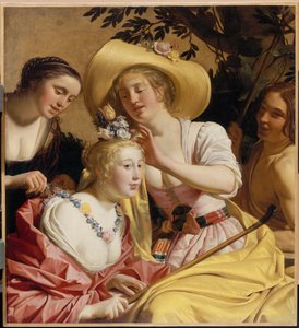 En hyrdinde prydet med blomster af Gerrit van Honthorst