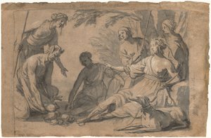 Diana og fire nymfer modtager gaver fra en satyr af Gerrit van Honthorst