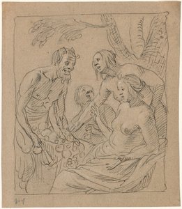 Diana og to nymfer modtager gaver fra en satyr (recto) af Gerrit van Honthorst