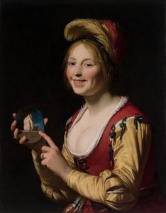 Smilende pige, en kurtisane, der holder et obskønt billede af Gerrit van Honthorst