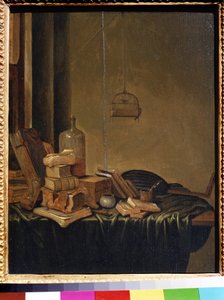 Stilleben med bøger. Maleri af Gerrit van Vucht (1600 eller 1620- ca. 1697). Olie på træ, 34 x 28 cm. 1600-tallets hollandske skole. Pushkin Museum of Fine Arts, Moskva. af Gerrit van Vucht