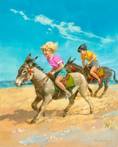 Dreng og pige rider på æsler på stranden