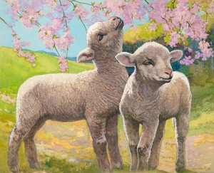 To lam, der spiser blomster (gouache på papir)