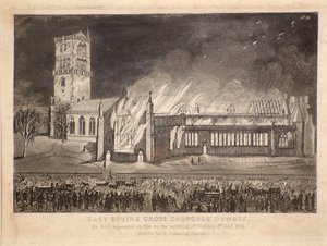 East, South & Cross Churches, Dundee, som de dukkede op i brand søndag den 3. januar 1841, ca. 1841 (radering)