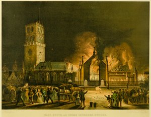 East, South og Cross Churches, Dundee [som de dukkede op i brand om morgenen søndag den 3. januar 1841] (efter George McGillivray), ca. 1841 (litografi)
