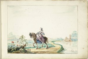 Kvinde til hest i et landskab