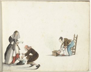 Lord strammer en dames sko og en kvinde sætter ild i et komfur af Gesina ter Borch