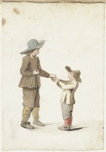 Dreng giver et æble til en yngre dreng af Gesina ter Borch