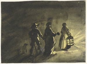 Natstykke: par, der går bag en kvinde med en lanterne, bagfra