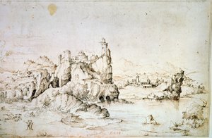 Et slot på en klippe i bjerglandskab, 1540. af Gherado Cibo