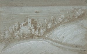 Et hus med dueslag og træer ved havet, 1500-tallet.