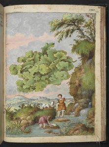 Lichen og Wo Womem Washing Tøj eller pels i en pool, fra "Malerier af Flora of the Roman States" af Gherardo Cibo, Tilføj MS 22333, F171R, c.1564-84 (Watercolor & Gouache på papir)