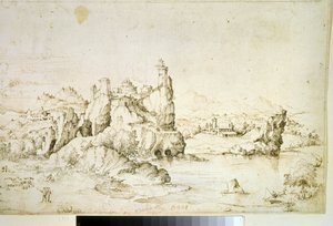 ""Un chateau perche sur une montagne"" (Et slot på en klippe i bjerglandskab) Tegning med brunt blæk af Gherardo Cibo (1512-1600) 1540 Pushkin Museum, Moskva af Gherardo Cibo