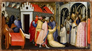 Sankt Hugh af Avalon (1140-1200) eller Sankt Hugh af Lincoln eksorciserer en mand besat af djævelen - Sankt Hugh af Lincoln uddriver en mand besat af djævelen - Maleri af Gherardo Starnina (ca. 1364-1413) - 1404-1407 - Tempera på panel - 28,4x50,4 -
