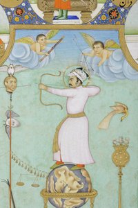 Detalje fra allegorisk portræt af Jahangir (ugennemsigtig akvarel & guld på papir)