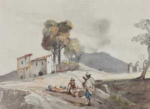 Hyrder med Vesuv i det fjerne, med tilføjelser af en Borbone-elev (blyant, wc og gouache på papir) af Giacinto Gigante
