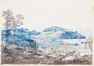 Udsigt over Ischia (Lacco Ameno), ca. 1845 (blyant, pen og akvarel) af Giacinto Gigante