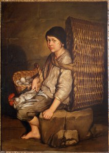 Ærendedreng siddende med en kurv på ryggen, æg og fjerkræ, ca. 1735 (olie på lærred)