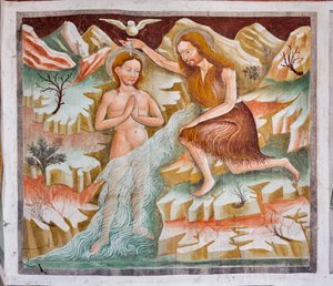 Johannes Døberen døber Jesus i Jordanfloden, detalje fra Jesu liv