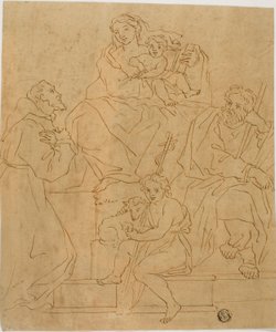 Den hellige familie med Frans af Assisi og Johannes Døberen af Giacomo Cavedone